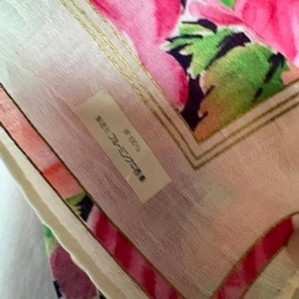 Vtg GIVENCHY Scarf Handkerchief Floral Cotton Pink Orange 18